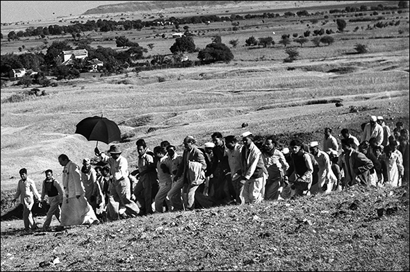 Baba leading the 1955 Sahavas attendees up Seclusion Hill, November 1955. Meherazad is in the background.